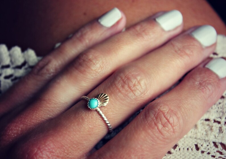 Turquoise ring, shell ring, mermaid ring, Sterling silver ring, stacking ring, midi ring, stackable ring image 1