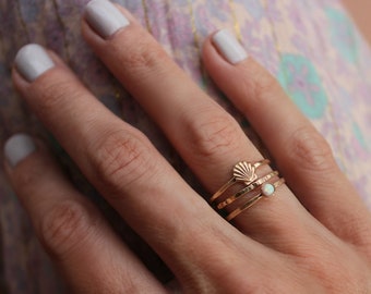 Gold ring set with opal and a shell- mermaid ring set, Gold opal stacking ring set - opal rings, 14k gold filled rings, rings for women