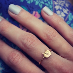 Gold stacking ring, Owl ring, 14k gold fill stacking ring, rustic hammered band