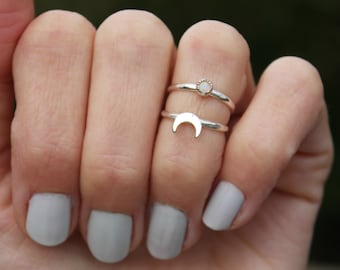 Midi rings, ring set, Sterling silver moon and gemstone midi ring set, stacking rings - mid finger ring, knuckle ring set, silver rings