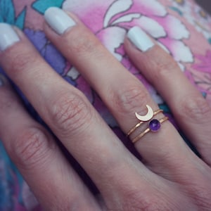 Crescent moon ring, Amethyst ring - moon ring set, birthstone ring, Gold Amethyst stacking rings - February birthstone