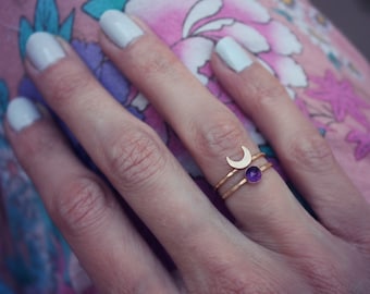 Crescent moon ring, Amethyst ring - moon ring set, birthstone ring, Gold Amethyst stacking rings - February birthstone