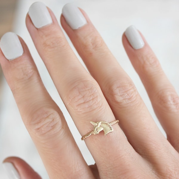 Gold stacking ring, Unicorn ring, 14k gold fill stacking ring, rustic hammered band