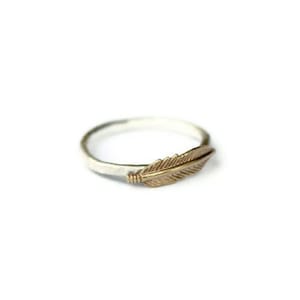 Sterling silver stacking ring, feather stacking ring hammered, textured ring, silver and brass feather ring image 1