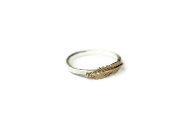 Sterling silver stacking ring, feather stacking ring hammered, textured ring, silver and brass feather ring image 1