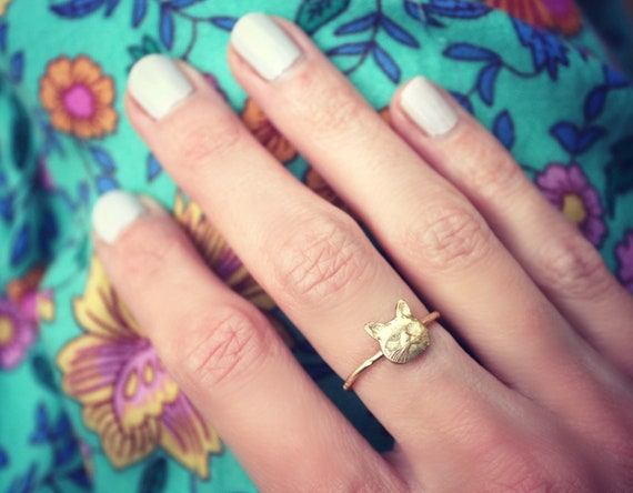 Gold Stacking Ring, Kitty Ring, 14k Gold Fill Stacking Ring, Cat