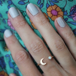 Gold opal moon stacking ring -skinny gold moon ring, gold opal ring, 14k gold filled ring