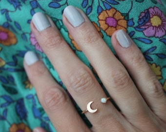 Gold opal moon stacking ring -skinny gold moon ring, gold opal ring, 14k gold filled ring