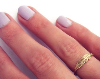 Gold stacking ring, Feather ring, 14k gold filled stacking ring, rustic hammered band