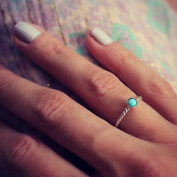 Turquoise ring, Sterling silver ring, stacking ring, rope ring, midi ring, stackable ring