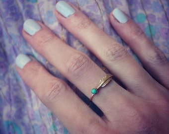 Gold turquoise feather stacking ring -skinny gold feather ring, gold turquoise ring, 14k gold filled ring