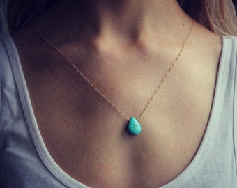 Turquoise teardrop smooth briolette gemstone on a 14k gold fill chain, simple gold necklace