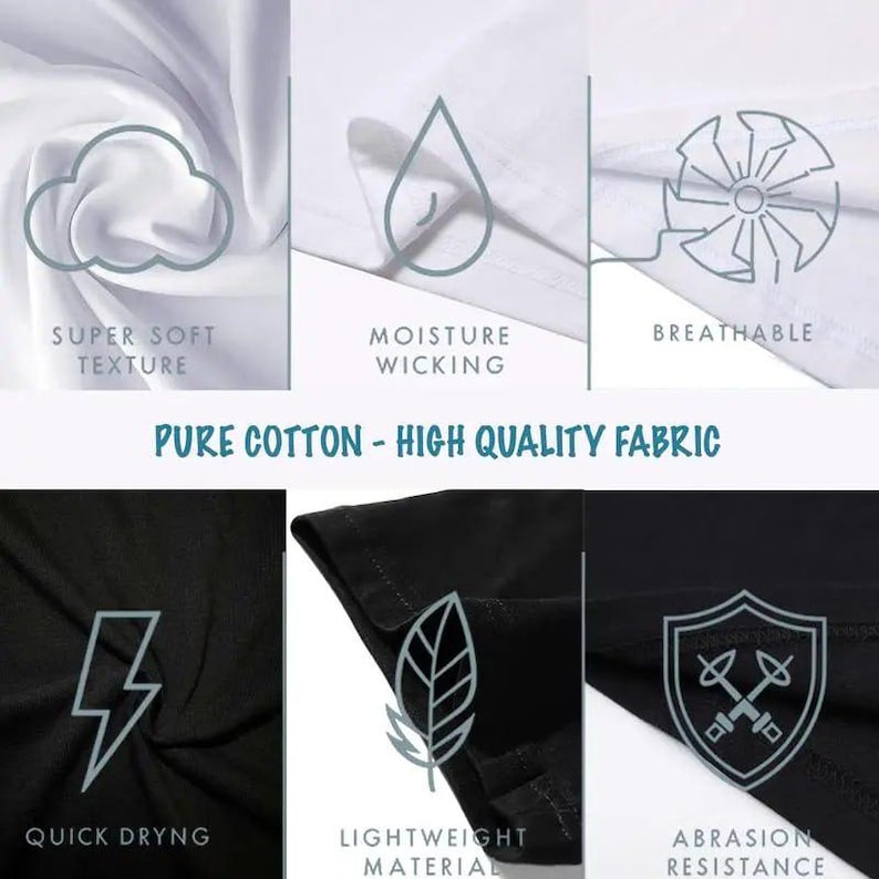 May include: A grid of six panels showcasing fabric features with icons and text. Top row: white fabric with cloud, water drop, and fan icons labelled Super Soft Texture, Moisture Wicking, Breathable. Text: Pure Cotton - High Quality Fabric. Bottom row: black fabric with lightning, leaf, and shield icons labelled Quick Dryng, Lightweight Material, Abrasion Resistance.