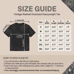 May include: A size guide for a vintage washed oversized heavyweight t-shirt. The graphic shows a black t-shirt outline with arrows indicating width, length, shoulder, and sleeve measurements, alongside a table listing sizes S to 3XL in inches.