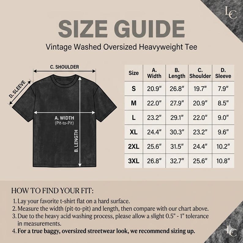 May include: A size guide for a vintage washed oversized heavyweight t-shirt. The graphic shows a black t-shirt outline with arrows indicating width, length, shoulder, and sleeve measurements, alongside a table listing sizes S to 3XL in inches.
