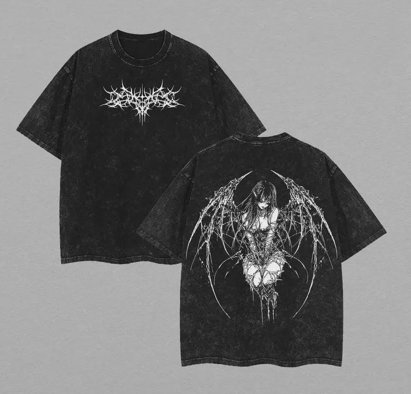 Vintage Wash Gothic Anime Graphic TShirt, Cyber Sigilism Fallen Angel Back Print, Oversized Heavyweight Grunge Tee, Y2K Emo Alt Streetwear