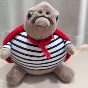 Op de afbeelding: Een pluche speelgoed in de vorm van een schildpadachtig wezen. Het heeft een bruin hoofd en voeten, een rode cape en een zwart-wit gestreept shirt. Het speelgoed heeft een verdrietige uitdrukking.