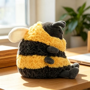 K&ouml;nnte beinhalten: Ein Pl&uuml;sch-Bienen-Spielzeug mit einem gelb-schwarz gestreiften K&ouml;rper, grauen Beinen und F&uuml;hlern. Die Biene hat eine weiche, flauschige Textur und ein kleines, wei&szlig;es Ohr. Das Spielzeug sitzt auf einer Holzoberfl&auml;che.