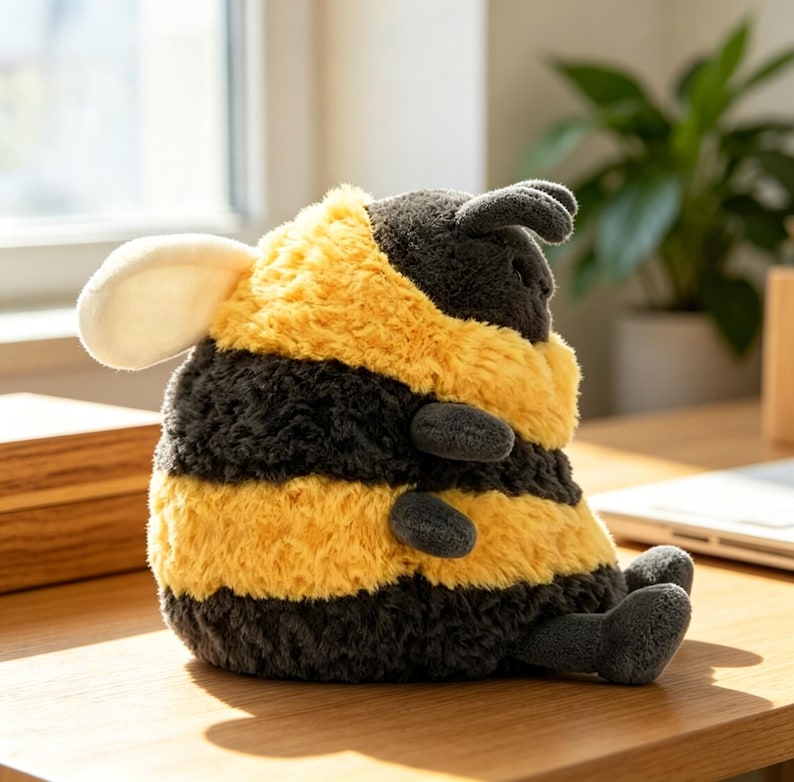 K&ouml;nnte beinhalten: Ein Pl&uuml;sch-Bienen-Spielzeug mit einem gelb-schwarz gestreiften K&ouml;rper, grauen Beinen und F&uuml;hlern. Die Biene hat eine weiche, flauschige Textur und ein kleines, wei&szlig;es Ohr. Das Spielzeug sitzt auf einer Holzoberfl&auml;che.