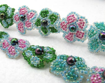 1 Yard Beaded Hand Embroidered Trim, Flower Embroidery Edging Ribbon, Heavy Beaded, Green-Blue