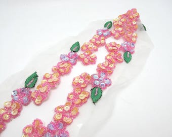1 Yard Bead and Sequin Beaded Hand Embroidered Trim, Flower Embroidery Edging Ribbon, Heavy Beaded, Pink