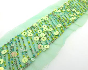 1 Yard Bead and Sequin Beaded Hand Embroidered Trim, Flower Embroidery Edging Ribbon, Heavy Beaded, Green