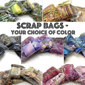 May include: Selection of colourful scrap bags containing ribbons, lace, and trim. The image shows a variety of colours and patterns, including floral, geometric, and solid designs. Text on the image reads "SCRAP BAGS - YOUR CHOICE OF COLOR."