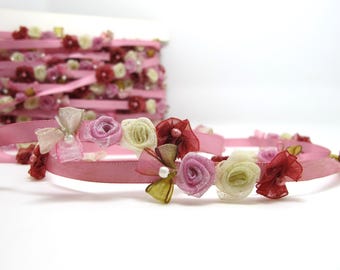 1 Yard Floral Rococo Trim on Satin Ribbon, Flower Decorative Rosette Woven Ribbon, Mauve