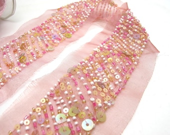 1 Yard Bead and Sequin Beaded Hand Embroidered Trim, Flower Embroidery Edging Ribbon, Heavy Beaded, Pink
