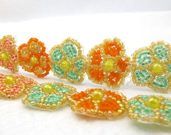 1 Yard Beaded Hand Embroidered Trim, Flower Embroidery Edging Ribbon, Heavy Beaded, Yellow-Orange