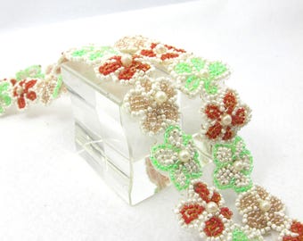 1 Yard Beaded Hand Embroidered Trim, Flower Embroidery Edging Ribbon, Heavy Beaded, White-Green
