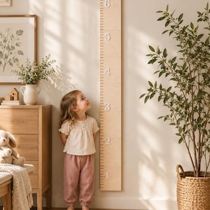 May include: A light-colored wooden growth chart mounted on a wall, featuring puzzle-piece joints and white numbers from 1 to 6, indicating measurements in feet. The vertical board has a rounded top and black tick marks for precise height tracking.