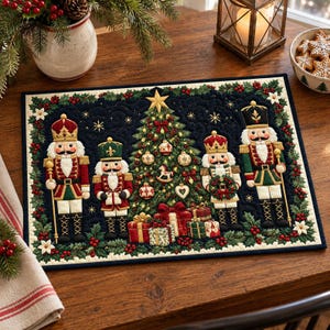 Könnte beinhalten: Ein rechteckiges, gestepptes Platzset mit dunkelblauem Hintergrund, einem zentralen Weihnachtsbaum, vier Nussknacker-Figuren und Geschenken. Der Rand ist mit grünen Stechpalmenblättern, roten Beeren und weißen Weihnachtssternen verziert.