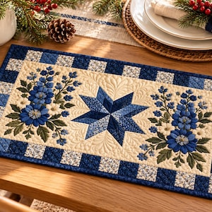 Blue Floral Quilt Placemat, Farmhouse Table Mat, Handmade Patchwork Dining Decor, Navy Blue Flower Placemat, Christmas Table Setting