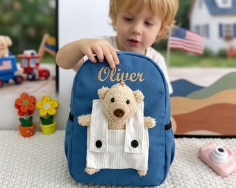 Mochila infantil personalizada con nombre y osito de peluche. Mochila escolar personalizada para niños pequeños, ideal para guardería o jardín de infancia. Idea de regalo para el primer cumpleaños de un niño.