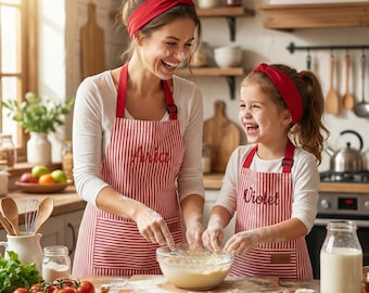 Personalized Mommy and Me Aprons Pink Striped Matching Mother Daughter Baking Gift Set Custom Name Embroidered Kids Chef Outfit Kitchen