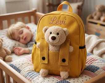 Zainetto personalizzato con nome per bambini e orsetto di peluche. Borsa scolastica personalizzata per bambini, ideale per l'asilo nido, la scuola materna e il centro diurno. Regalo ricordo per neonati.