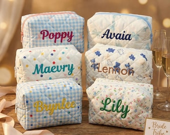 Blue Gingham Makeup Bag, Personalized Checkered Cosmetic Pouch, Something Blue Bridesmaid Gift, Custom Embroidered Toiletry Organizer