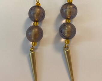 Purple Bead and Gold Dangle Earrings