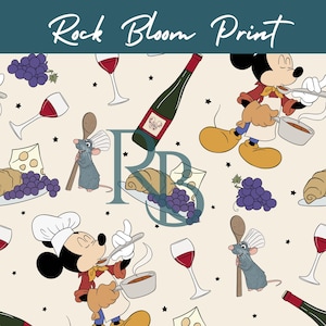 May include: A whimsical pattern featuring Mickey Mouse as a chef, along with a rat, wine bottles, glasses, grapes, cheese, and bread. The words "Rock Bloom Print" are at the top. The design is on a cream-colored background.