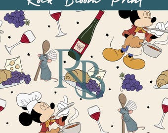 May include: A whimsical pattern featuring Mickey Mouse as a chef, along with a rat, wine bottles, glasses, grapes, cheese, and bread. The words "Rock Bloom Print" are at the top. The design is on a cream-colored background.