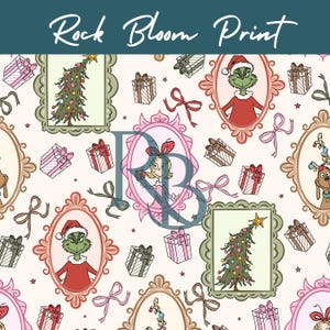 Könnte beinhalten: Ein sich wiederholendes Muster mit gerahmten Cartoon-Charakteren, Weihnachtsbäumen und verpackten Geschenken auf cremefarbenem Hintergrund. Die Rahmen sind in Rosa, Grün und Braun gehalten. Der Text "Rock Bloom Print" steht oben.