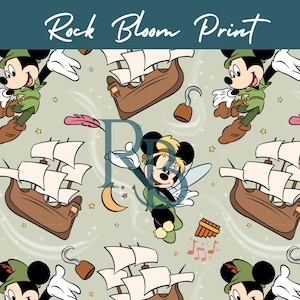 May include: A repeating pattern with cartoon characters, ships, and musical notes on a pale green backdrop. The text "Rock Bloom Print" is at the top. The characters include Mickey Mouse in a Peter Pan outfit and a fairy.
