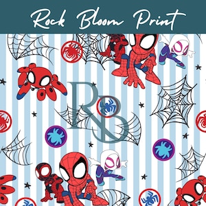 May include: A pattern featuring Spider-Man and Spider-Gwen characters, spiderwebs, and spider icons on a light blue and white striped background. The text "Rock Bloom Print" is at the top.