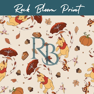 May include: A seamless pattern on a light beige background featuring Winnie the Pooh characters, pumpkins, acorns, autumn leaves, and slices of pie. The design includes illustrations of Pooh holding red umbrellas, Tigger, and Piglet. Text reads Rock Bloom Print.