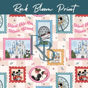 May include: A repeating pattern featuring postage stamp-style illustrations of a Ferris wheel, a monorail, a carousel, and Mickey Mouse. The text "Meet Me On Main Street" is also present. The background is a light pink and white checkered pattern.
