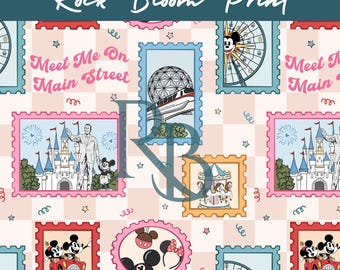 May include: A repeating pattern featuring postage stamp-style illustrations of a Ferris wheel, a monorail, a carousel, and Mickey Mouse. The text "Meet Me On Main Street" is also present. The background is a light pink and white checkered pattern.