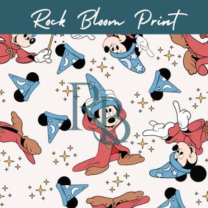 May include: A repeating pattern featuring cartoon characters in red robes and blue wizard hats with stars and moons. The background is off-white with gold star accents. The text "Rock Bloom Print" is at the top.