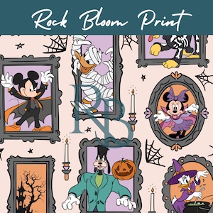 May include: A light pink Halloween-themed print featuring framed cartoon characters dressed in costumes. Mickey Mouse as a vampire, Donald Duck as a mummy, and Minnie Mouse as a witch are among the characters. The words "Rock Bloom Print" are at the top.