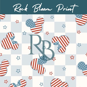 May include: A repeating pattern featuring Mickey Mouse-shaped designs with red and white stripes and blue stars, resembling the American flag. The background is a light blue and white checkered pattern with red and blue stars. The text "Rock Bloom Print" is at the top.